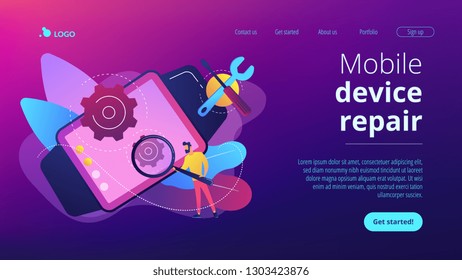 Technician with magnifier repairing smartwatch, wrench and scewdriver. Mobile device repair, tablet service and setup, smartwatch repair cooncept. Website vibrant violet landing web page template.
