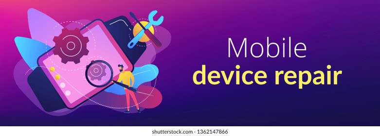 Technician with magnifier repairing smartwatch, wrench and scewdriver. Mobile device repair, tablet service and setup, smartwatch repair cooncept. Header or footer banner template with copy space.