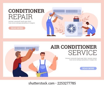 Technician maintenance and repairing split home systems and air conditioners. Conditioner repair service flyers or leaflets bundle, flat vector illustration.