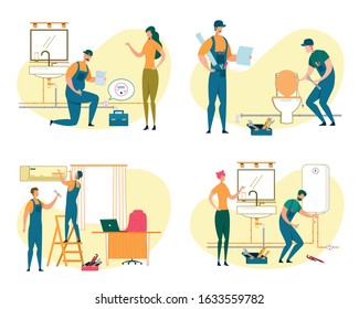 Technician Maintenance Service Set. Repairmen Fixing Broken Technique, Install Water Counter in Bathroom, Setup Air Conditioner and Boiler. Professional Workers. Cartoon Flat Vector Illustration.