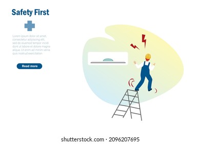 Technician man accidentally falling down from ladder.  Accident in workplace, safety first awareness and accident health insurance concept.