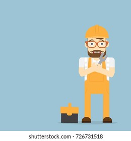 Technician Man cartoon in yellow helmet and copy space