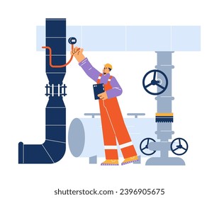 Technician man in helmet with tablet adjust lever of pressure gauge. Engineer inspecting, control and adjust heating equipment. Flat vector illustration on white background.