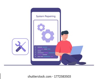 Technician man sitting floor in front big smartphone working on laptop repairing mobile app with flat cartoon style.