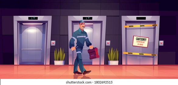 Technician Mechanic At Broken Elevator With Caution Sign On Lift Doors, Repair Or Maintenance Service. Engineer With Toolbox At Doorway Wrapped With Warning Yellow Stripe, Cartoon Vector Illustration