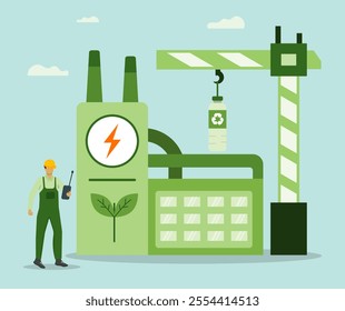 Technician monitoring construction of factory based on green ecology. Recycled product, green industry, eco green. Illustration for websites, landing page, mobile application, poster and banner. 