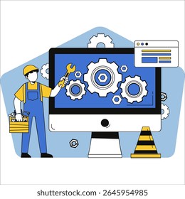 Um técnico realiza manutenção na Web com engrenagens e ferramentas, representando suporte técnico, otimização e desenvolvimento do sistema.