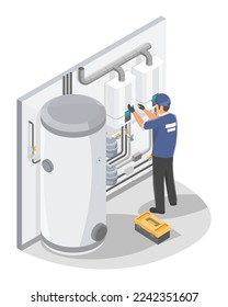 Technician or plumber on Gas boiler Water Heater install or Repair and Maintenance Home Service isometric isolated vector