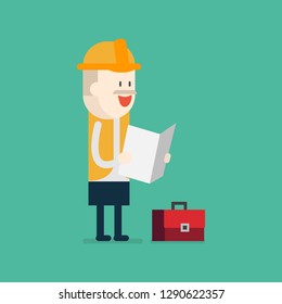 Technician reading manual paper with red tool box ,flat design ,Vector illustration.
