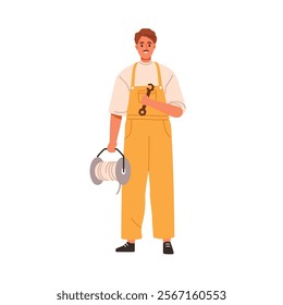 Technician, repair worker. Professional repairman, builder standing, holding coiled rope, cable and wrench. Master with work tools in hands. Flat vector illustration isolated on white background