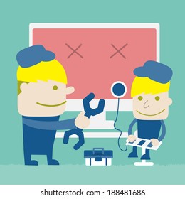 Technician are repairing Computer, Vector cartoon