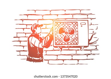 Technician repairing fan  handyman in peaked cap installing conditioner  conditioning system  Repairman occupation  maintenance service employee concept sketch  Hand drawn vector illustration