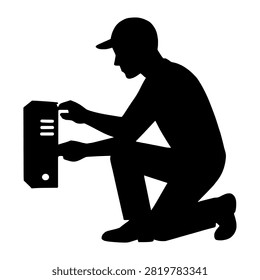Technician Replacing Faulty Component Silhouette representing technician replacing faulty component, suitable for clean graphics, signage, presentations, web design, and commercial projects