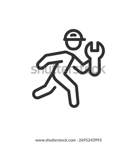 Technician running with wrench, linear icon. Urgent repair and service call. Line with editable stroke.