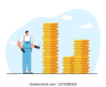 Technician with screwdriver standing near stacks of gold coins. Man getting money for good job flat vector illustration. Salary, finances, occupation concept for banner, website design or landing page