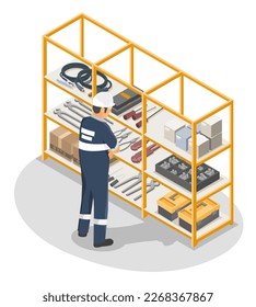 Technician selection of tools in Storeroom and Tool Crib Management industrial manufacturing worker concept illustration isometric isolated vector