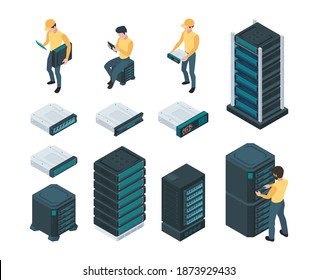 Technician in server room. Computer lan master with router communicate hardware cabling tech processes vector isometric set