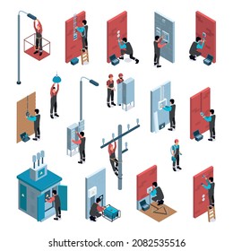 Technician service isometric set with professional workers repairing electric equipment 3d isolated vector illustration