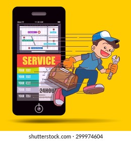 Technician service with tools in his hand show up from smartphone ready for help, Vector illustrator