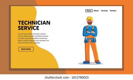Technician Service Worker Technical Support Vector. Professional Technician Service Employee With Repair Engineering Instruments On Belt Stand With Cross Hands. Character Web Flat Cartoon Illustration
