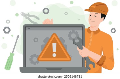 technician servicing a website, engineer repairing a web site
