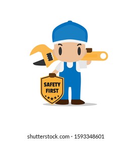 Technician show safety first sign flat cartoon vector design isolated on white background. , Industrial safety control, security concept.