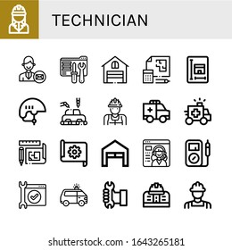 technician simple icons set. Contains such icons as Engineer, Support services, Tech support, Garage, Blueprint, Helmet, Manufacture, Worker, can be used for web, mobile and logo