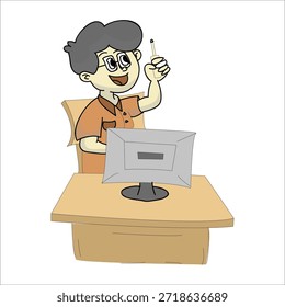 IT technician sitting at desk working on computer vector illustration