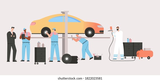 Technician team inspect vehicle. auto mechanic writing car repair bill agreement and customer. A man airbrush painting. Character vector illustration of automobile service maintenance  and repair work
