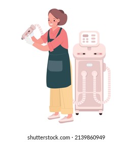 Technician using airbrush for spraying tan semi flat color vector character. Full body person on white. Tanning salon simple cartoon style illustration for web graphic design and animation
