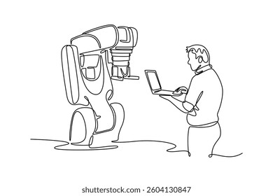 Technician using laptop at robotic arm. Technology in services concept. Single line draw design. Vector graphic illustration