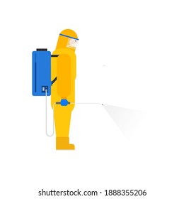 The technician wearing coverall gowns and spraying disinfectants.