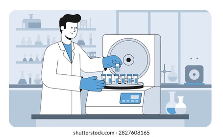 Technician in a white lab coat uses a laboratory centrifuge to spin test tubes while conducting medical analysis in a bright sterile environment.