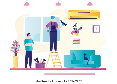 Technician worker fixies climatic equipment. Master repairs air conditioner for client. House conditioning service. Living room interior. Characters in trendy style. Flat vector illustration