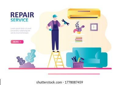 Technician worker fixies climatic equipment. Master repairs air conditioner. House conditioning service. Repairman in living room interior. Landing page in trendy style. Flat vector illustration