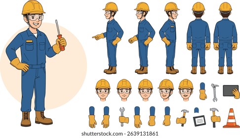Technician worker wearing helmet, overall uniform, protective goggles. Character constructor for animation. Front, side and back view set