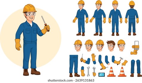 Technician worker wearing helmet, overall uniform, protective goggles. Character constructor for animation. Front, side and back view set