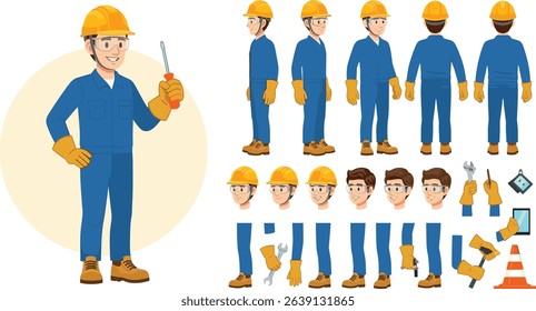 Technician worker wearing helmet, overall uniform, protective goggles. Character constructor for animation. Front, side and back view set
