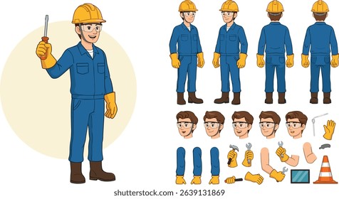 Technician worker wearing helmet, overall uniform, protective goggles. Character constructor for animation. Front, side and back view set