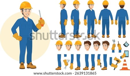 Technician worker wearing helmet, overall uniform, protective goggles. Character constructor for animation. Front, side and back view set