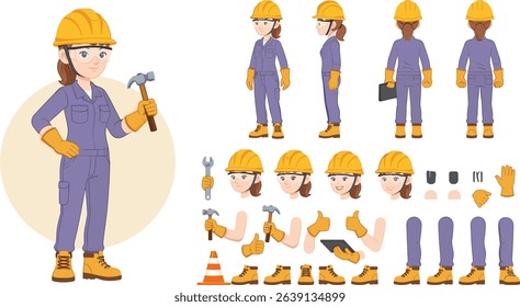Technician worker wearing overall uniform, protective goggle holding hammer tool. Character for animation. Front, side and back view set
