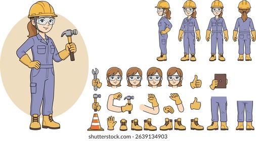 Technician worker wearing overall uniform, protective goggle holding hammer tool. Character for animation. Front, side and back view set