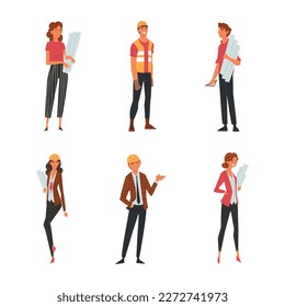 Technician workers and engineers set. Builder, architect, engineer, foreman cartoon vector illustration