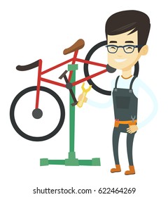 Technician working in bike workshop. Technician fixing bicycle in repair shop. Mechanic repairing bicycle. Man installing spare part bike. Vector flat design illustration isolated on white background.