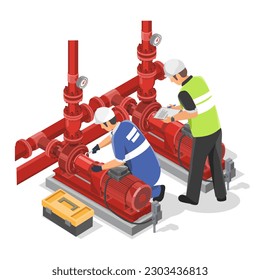 Técnico que trabaja con el concepto de Servicio de Mantenimiento de Bombas de Agua de Emergencia Roja de Emergencia Industrial vector de caricatura aislado isométrico