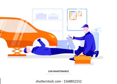 Technician working on checking and service car in workshop garage; technician repair and maintenance engine of automobile in car service. Flat style color modern vector illustration.