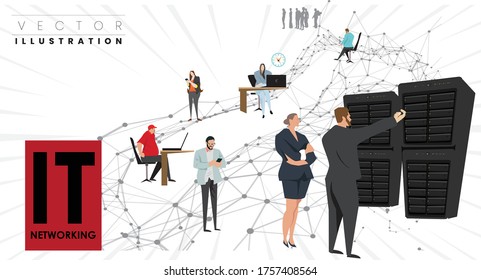  Technician working with supercomputer server cabinet  in data center. Networking office concept