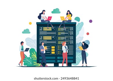 Technician works in huge server room. data storage. cloud storage. computing technology flat illustration.