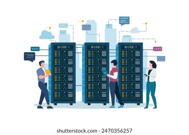 Technician works in server room racks. Cloud system concept. data center. data storage. cloud storage. computing technology flat illustration.