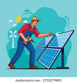 Técnico em workwear instalando painéis solares, simbolizando energia renovável e tecnologia sustentável.